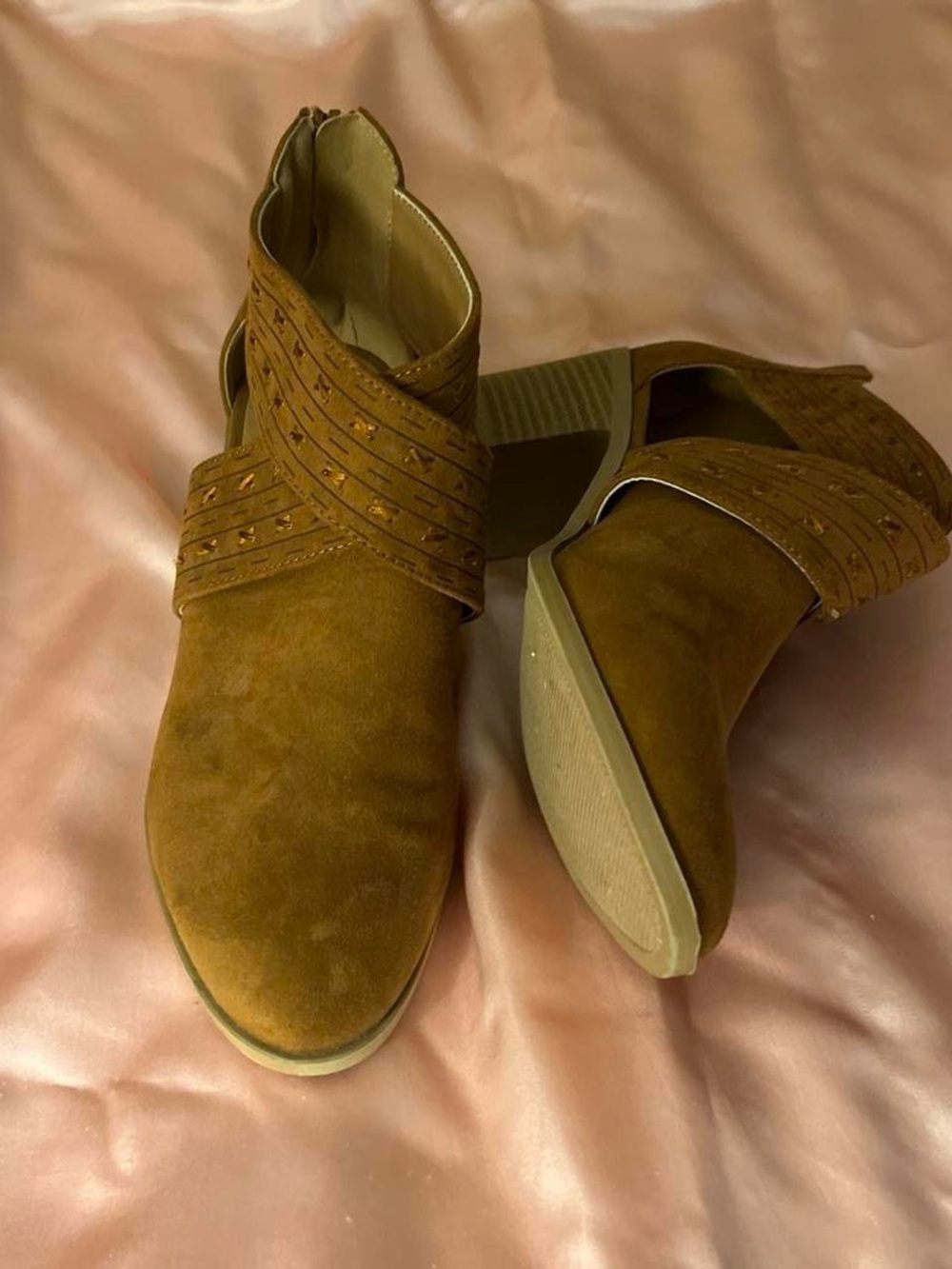 Qupid Tan Suede Ankle Booties with Studded Cross Straps